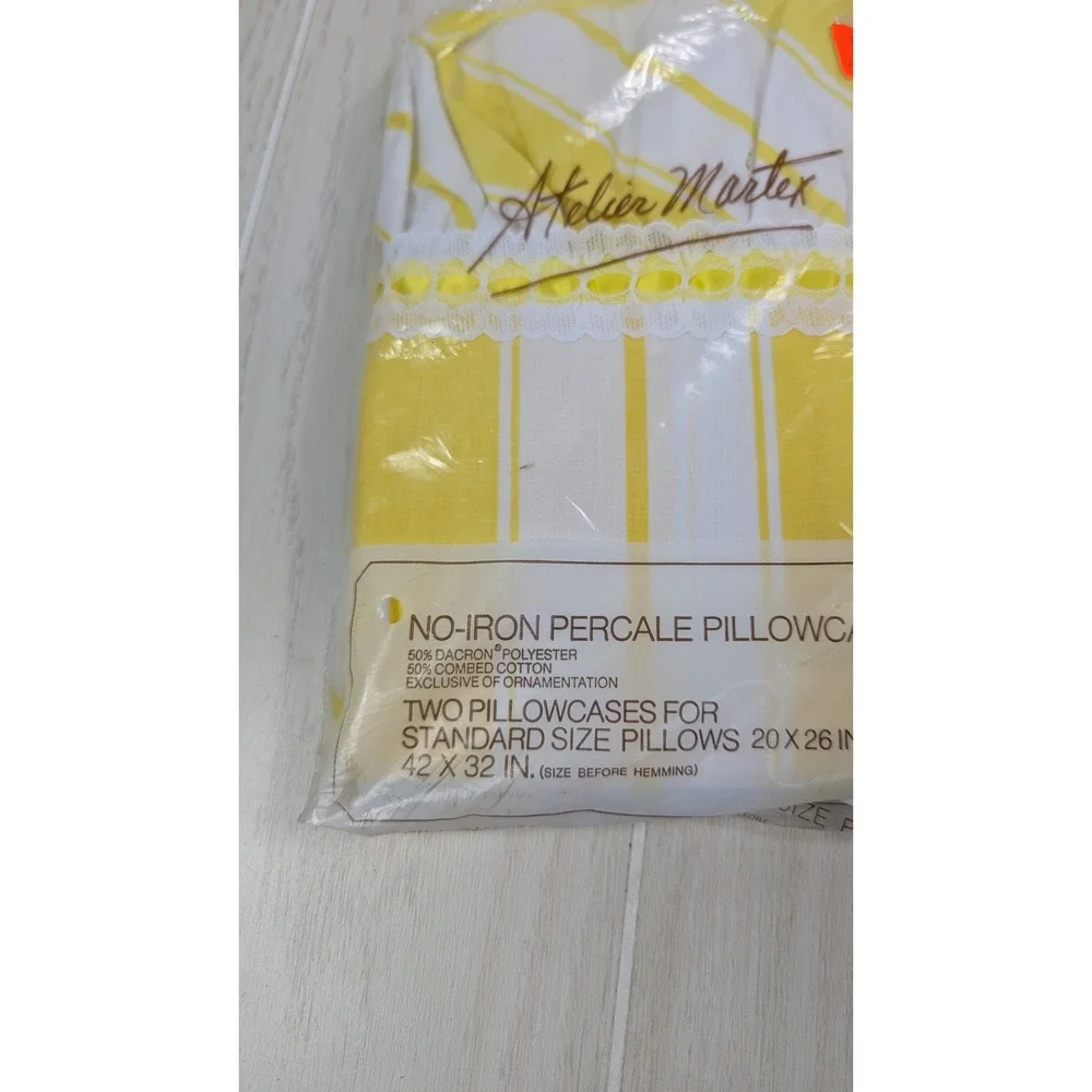 Atelier Martex 2 Standard Pillowcases Yellow White Striped Percale vintage lace